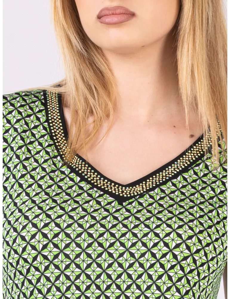 Black White green geometric-micro-print trapeze Dress