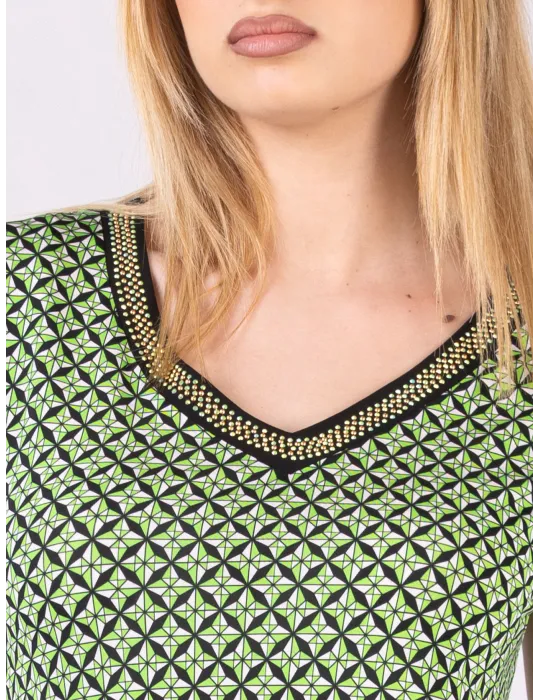 Black White green geometric-micro-print trapeze Dress