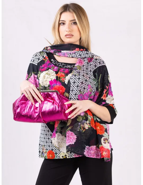 Mercuriali Black silk maxi blouse with optical-print borders