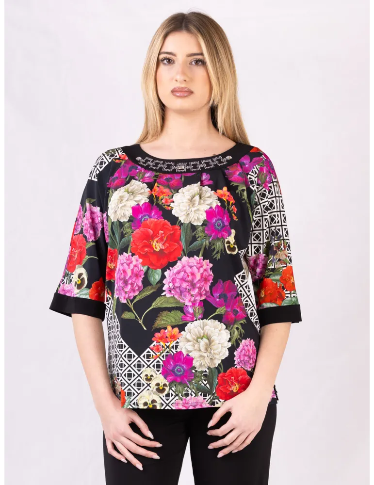 Mercuriali floral e optical print blouse with crystals Mercuriali floral e optical print blouse with crystals