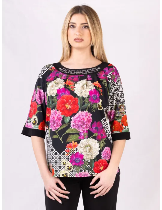 Mercuriali floral e optical print blouse with crystals Mercuriali floral e optical print blouse with crystals