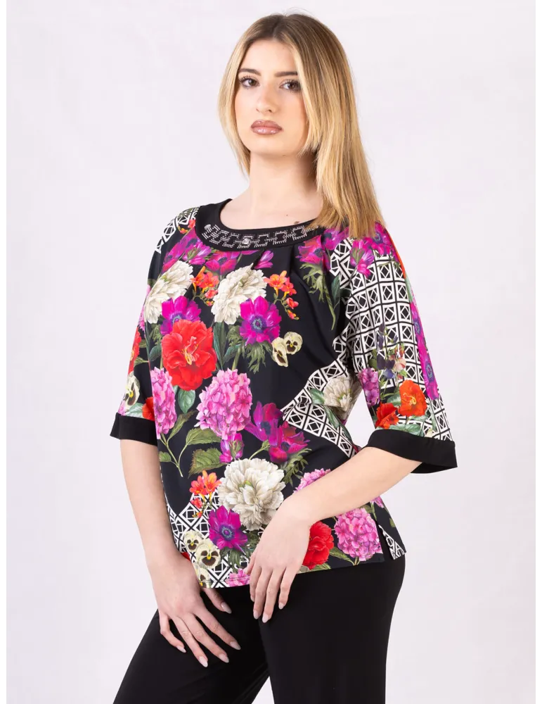 Mercuriali Black silk maxi blouse with optical-print borders