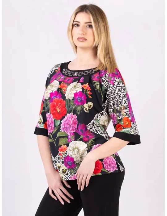 Mercuriali floral e optical print blouse with crystals