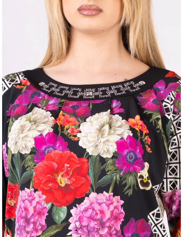 Mercuriali floral e optical print blouse with crystals