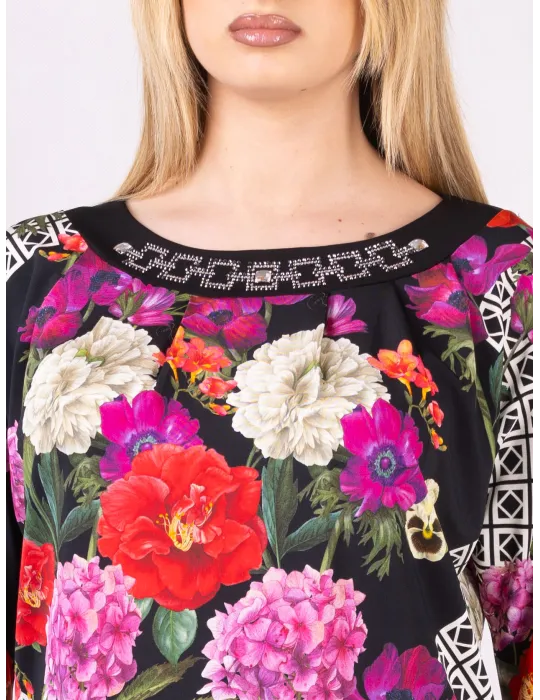 Mercuriali Black silk maxi blouse with optical-print borders