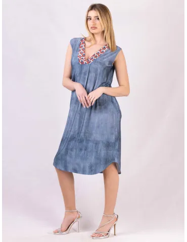 Mercuriali Blue denim printed sundress red crystal accents