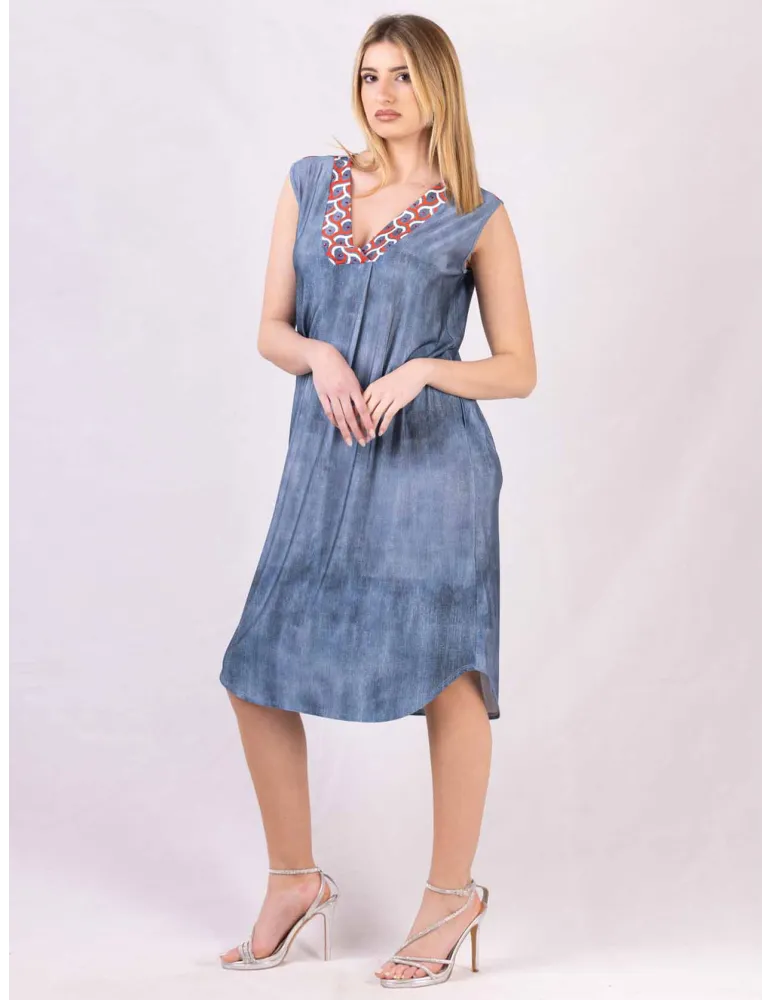 Mercuriali Blue denim printed sundress red crystal accents Mercuriali Blue denim printed sundress red crystal accents