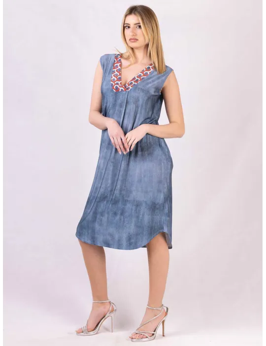 Mercuriali Blue denim printed sundress red crystal accents Mercuriali Blue denim printed sundress red crystal accents