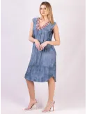 Mercuriali Blue denim printed sundress red crystal accents