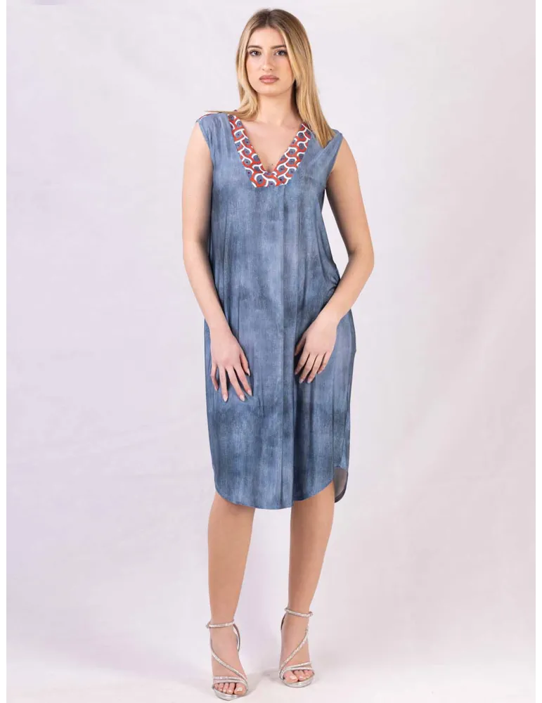 Mercuriali Blue denim printed sundress red crystal accents