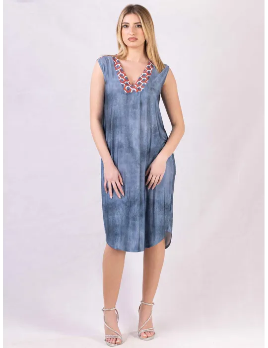 Mercuriali Blue denim printed sundress red crystal accents