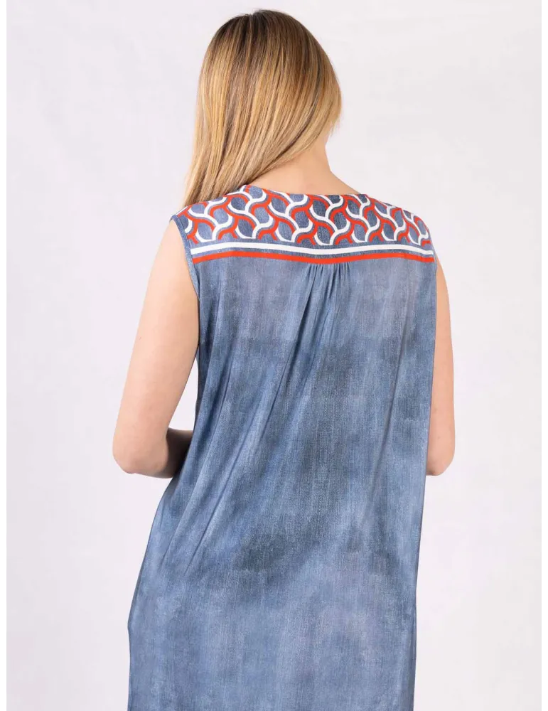 Mercuriali Blue denim printed sundress red crystal accents