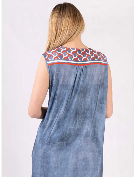 Mercuriali Blue denim printed sundress red crystal accents