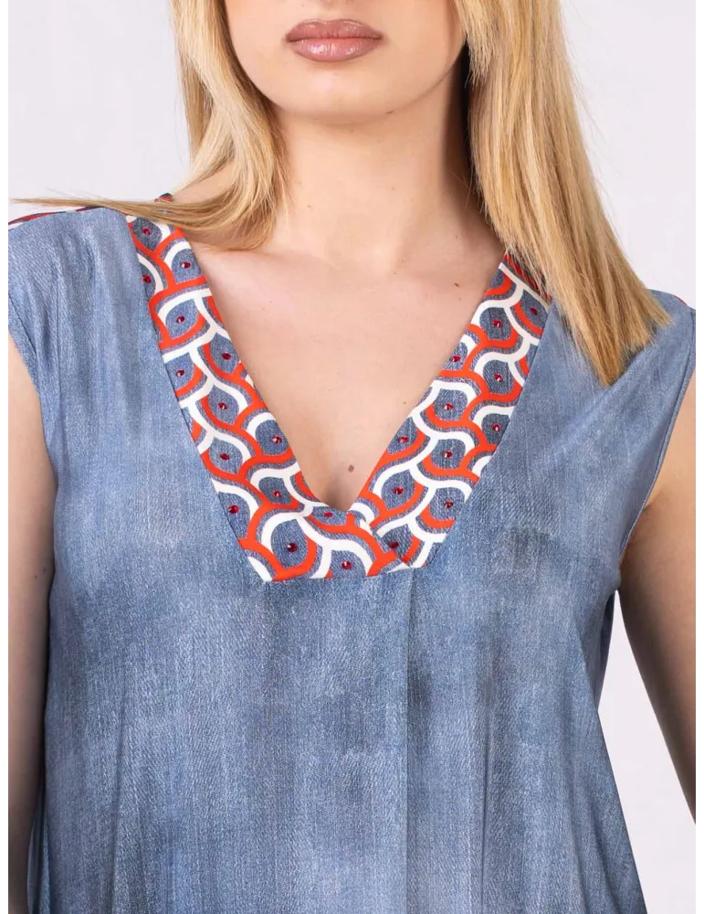 Mercuriali Blue denim printed sundress red crystal accents