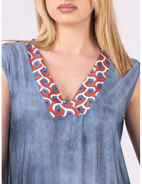 Mercuriali Blue denim printed sundress red crystal accents