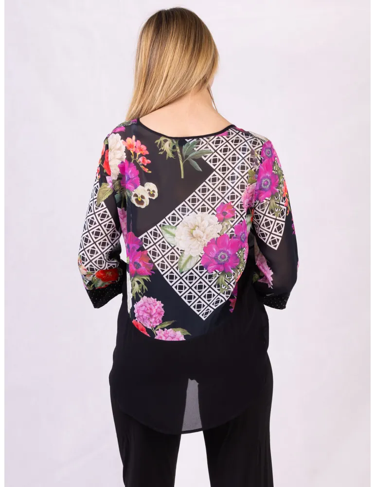 Mercuriali Black silk floral printed blouse shirt embroideries