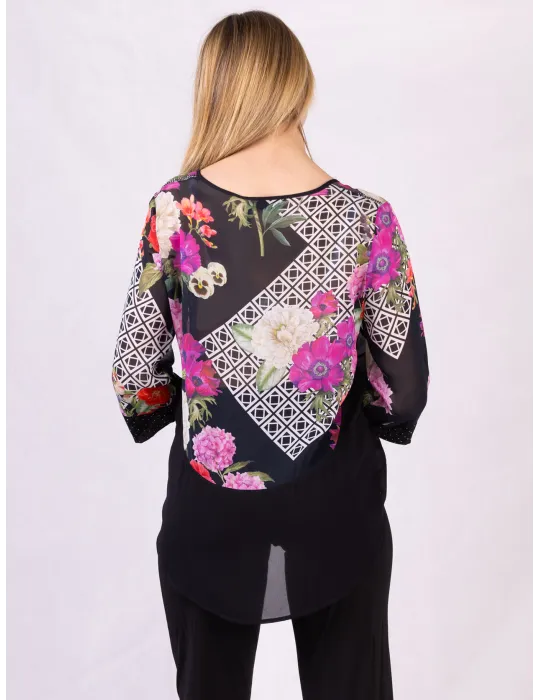 Blusa seta fantasia floreale con strass Francesca Mercuriali fino tg 58