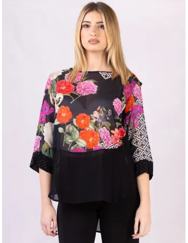 Mercuriali Black silk floral printed blouse shirt embroideries 2