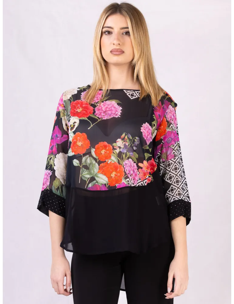 Mercuriali Black silk floral printed blouse shirt embroideries