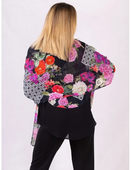 Sciarpa chiffon seta fantasia fiori sul fucsia Francesca Mercuriali