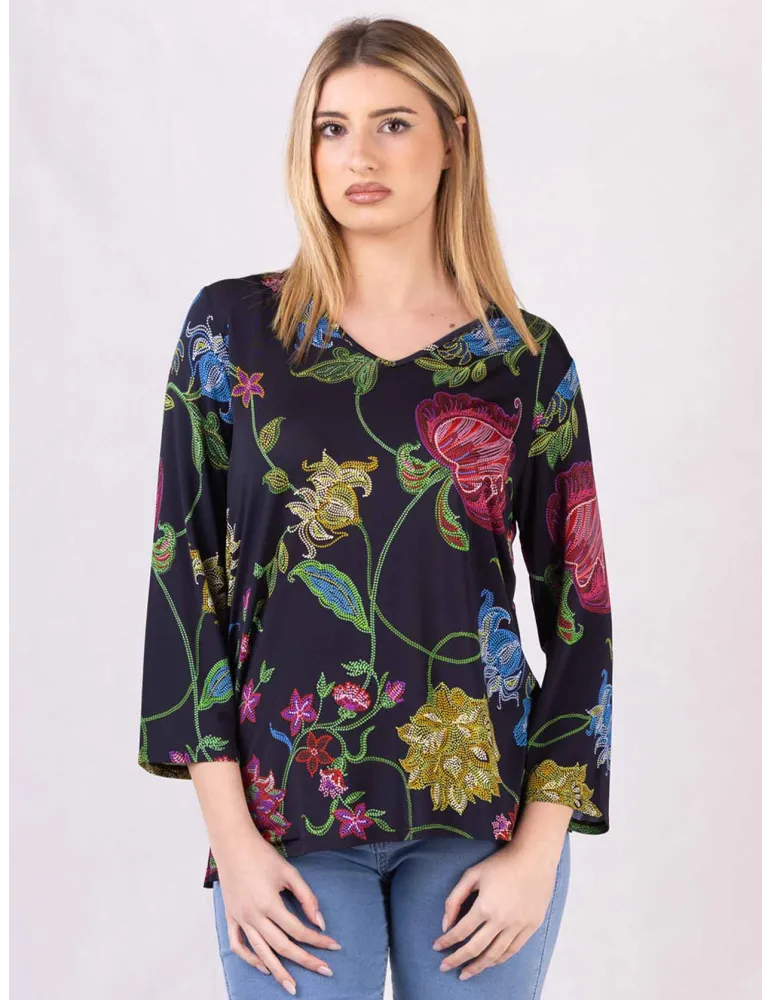 Francesca Mercuriali Plus-size dark blue viscose blouse mosaic flowers