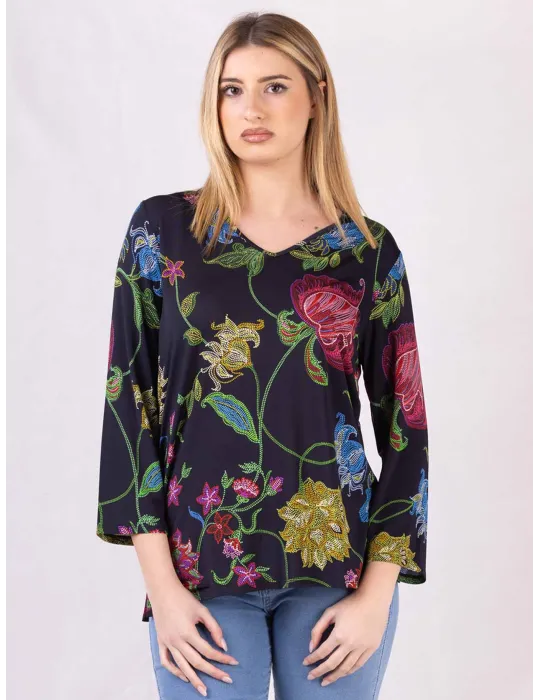 F.sca Mercuriali | Blusa in viscosa fantasia blu mosaico fino alla 58