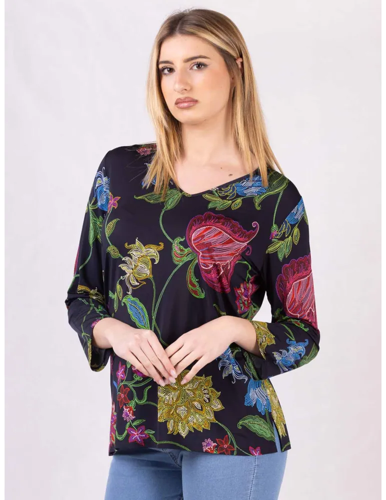 Mercuriali Plus-size dark blue viscose blouse mosaic flowers Mercuriali Plus-size dark blue viscose blouse mosaic flowers
