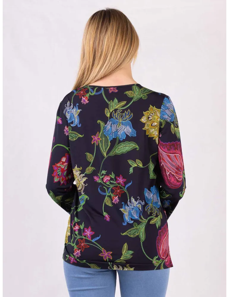 Mercuriali Plus-size dark blue viscose blouse mosaic flowers