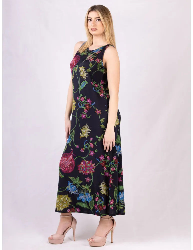 Mercuriali blue silk flower printed A-line long tank dress Mercuriali blue silk flower printed A-line long tank dress