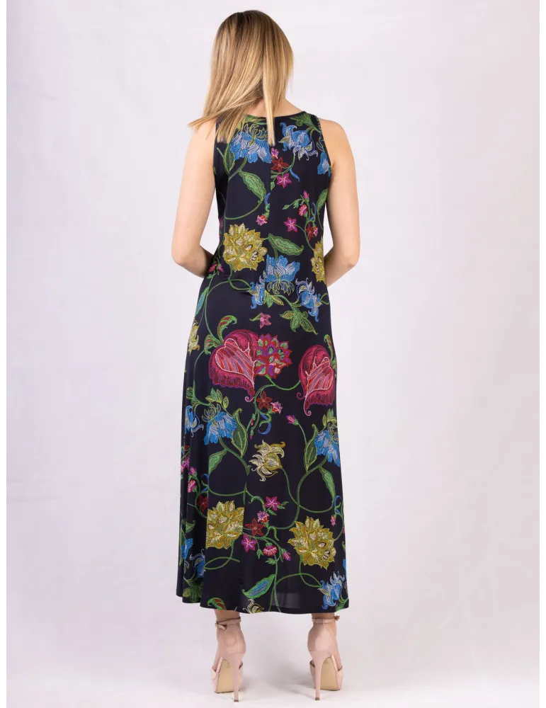 Mercuriali blue silk flower printed A-line long tank dress