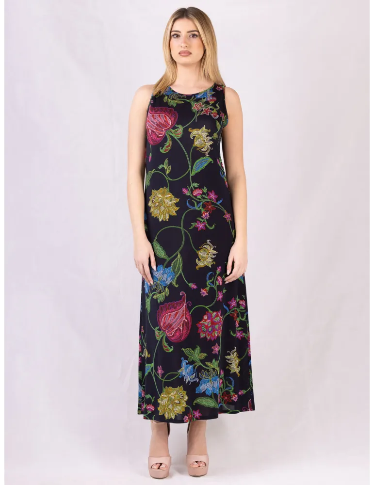 Mercuriali blue silk flower printed A-line long tank dress