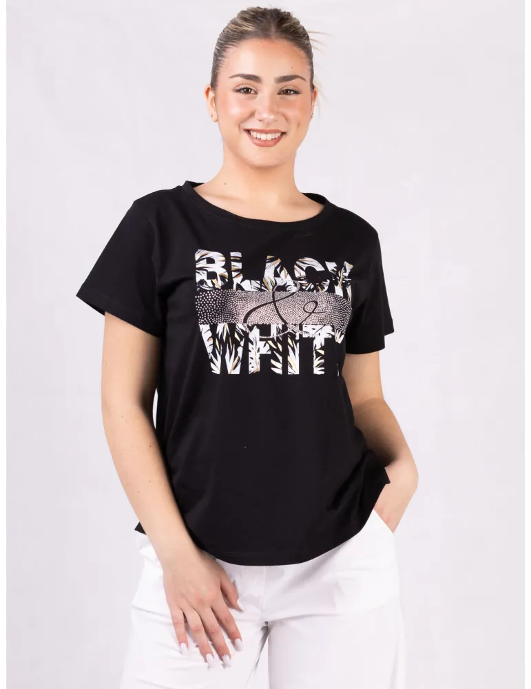 Mercuriali Black cotton t-shirt with a cascade of rhinestones