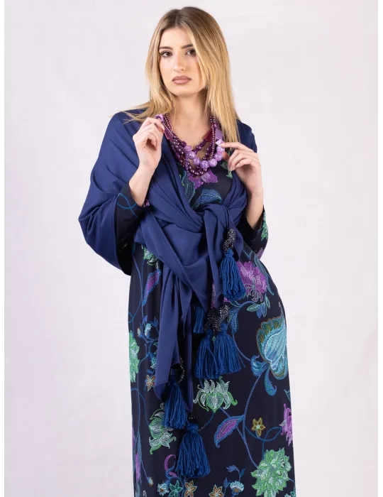Blue maxi tippet cape scarf with fringes and rhinestones