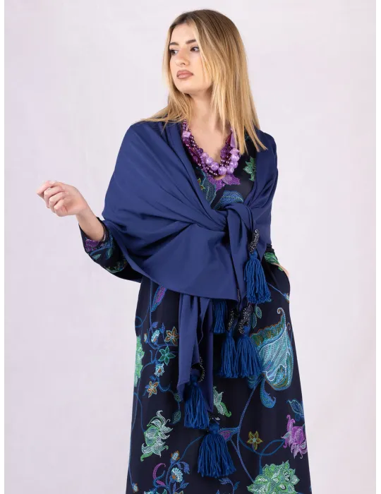 Blue maxi tippet cape scarf with fringes and rhinestones