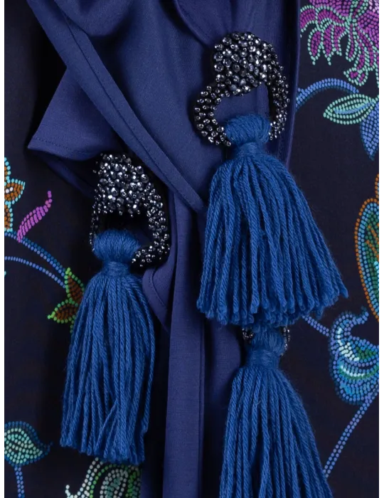 Blue maxi tippet cape scarf with fringes and rhinestones