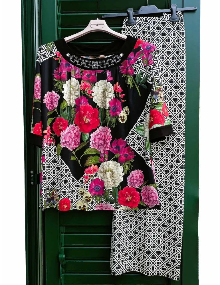 Mercuriali floral e optical print blouse with crystals