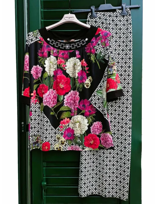 Mercuriali floral e optical print blouse with crystals
