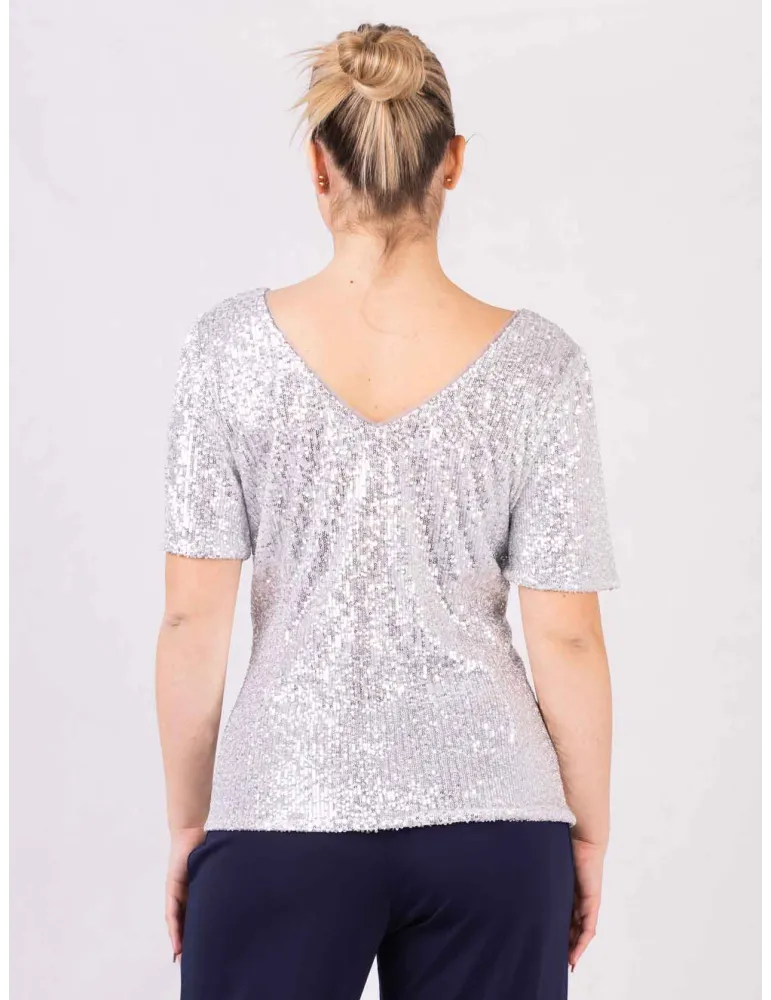 Evassè Shiny silver sequins V-neck blouse shirt