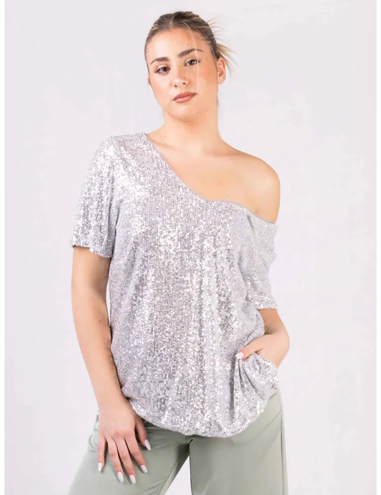 Evassè Shiny silver sequins V-neck blouse shirt