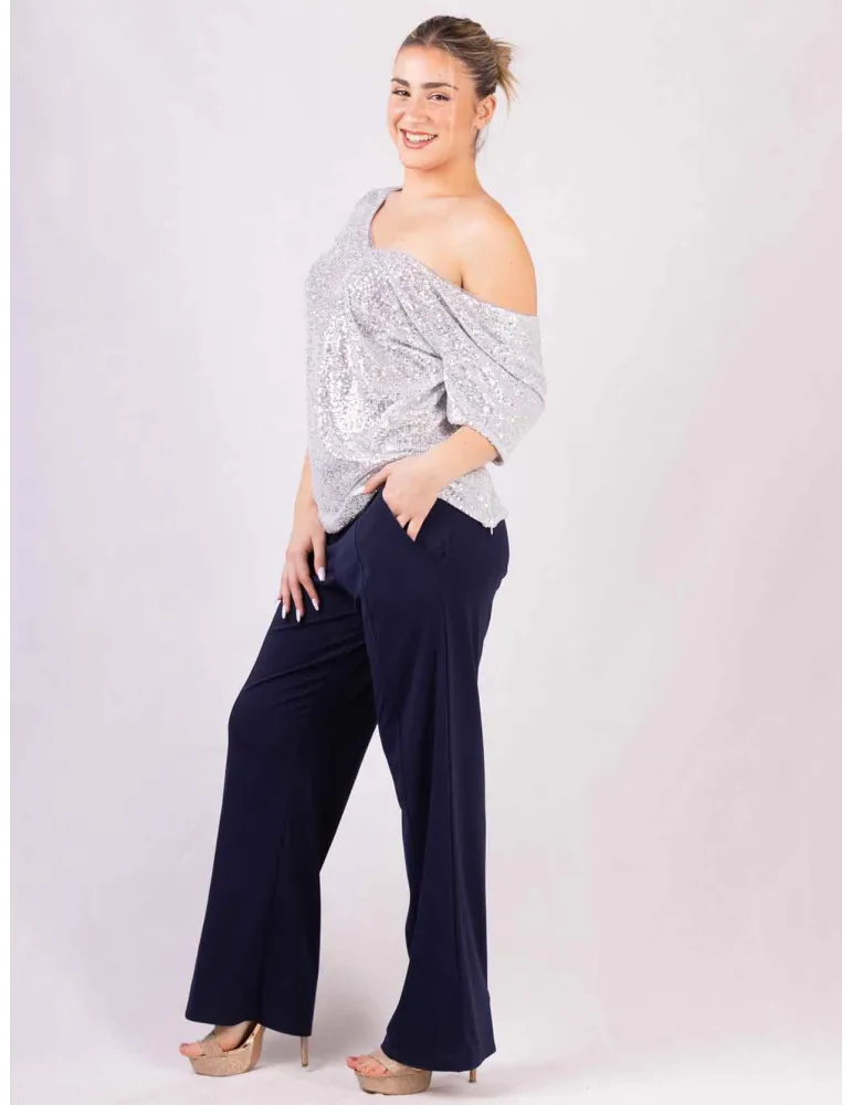 Evassè Shiny silver sequins V-neck blouse shirt