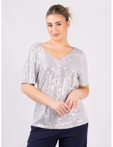 Evassè Shiny silver sequins V-neck blouse shirt 2