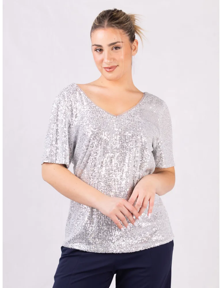 Evassè Shiny silver sequins V-neck blouse shirt