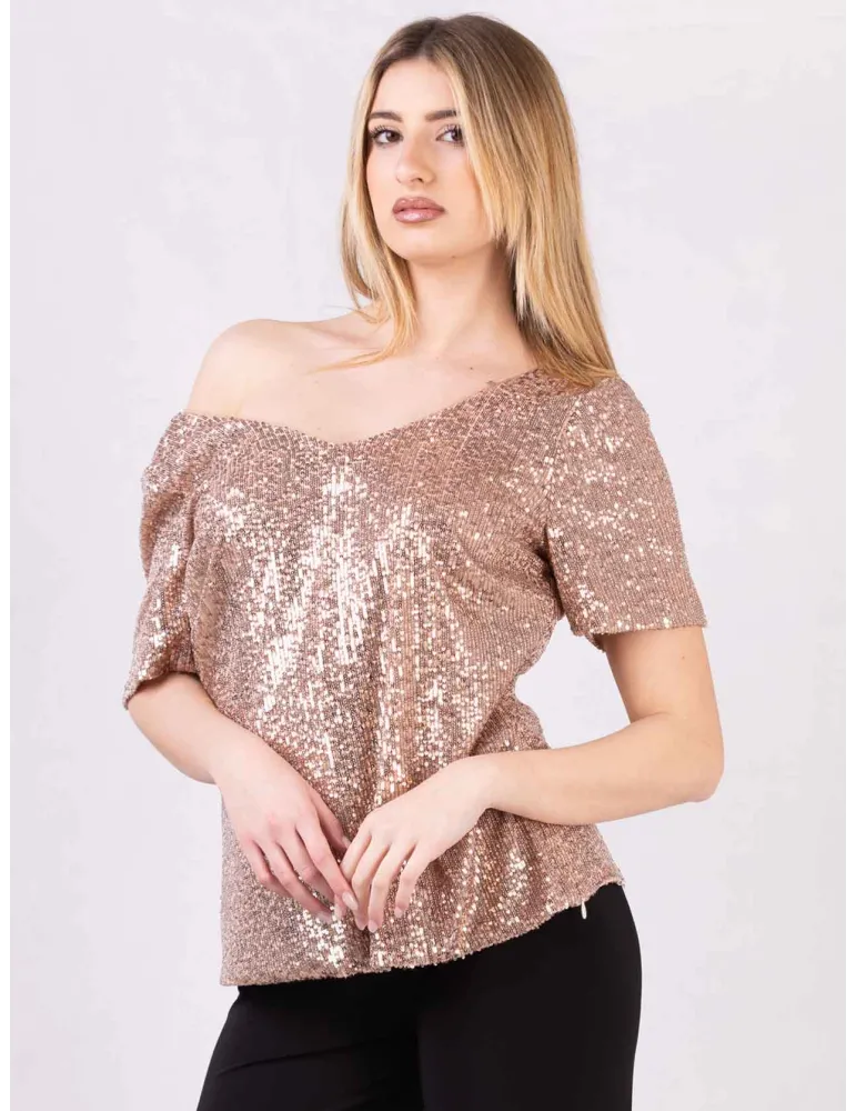 Evassè Shiny golden pink sequins V-neck blouse shirt