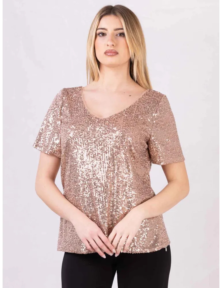 Evassè Shiny golden pink sequins V-neck blouse shirt