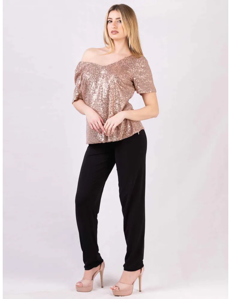Evassè Shiny golden pink sequins V-neck blouse shirt