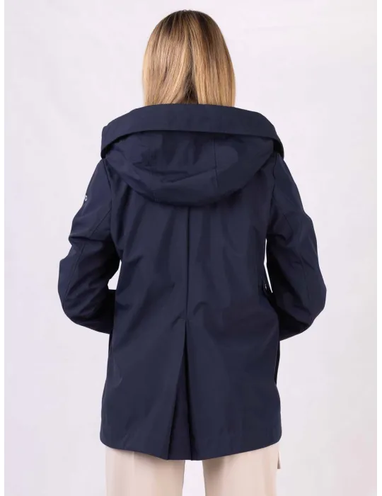 Giacca impermeabile blu denim col cappuccio fino alla tg 54