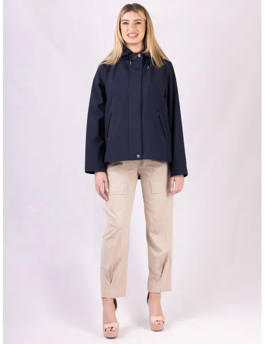 Giacca impermeabile blu denim col cappuccio fino alla tg 54