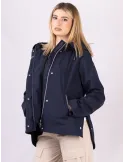 Giacca impermeabile blu denim col cappuccio fino alla tg 54