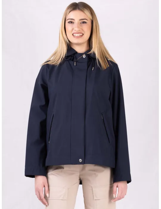 Giacca impermeabile blu denim col cappuccio fino alla tg 54