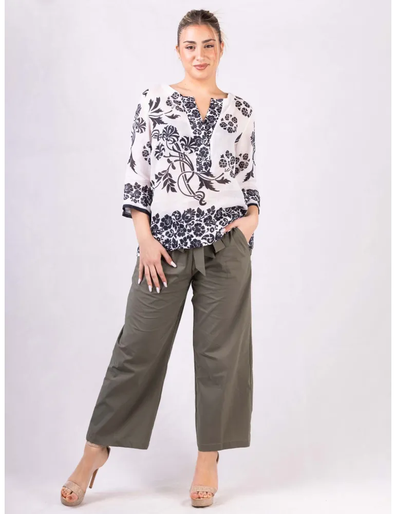 Black and white printed linen muslin caftan shirt